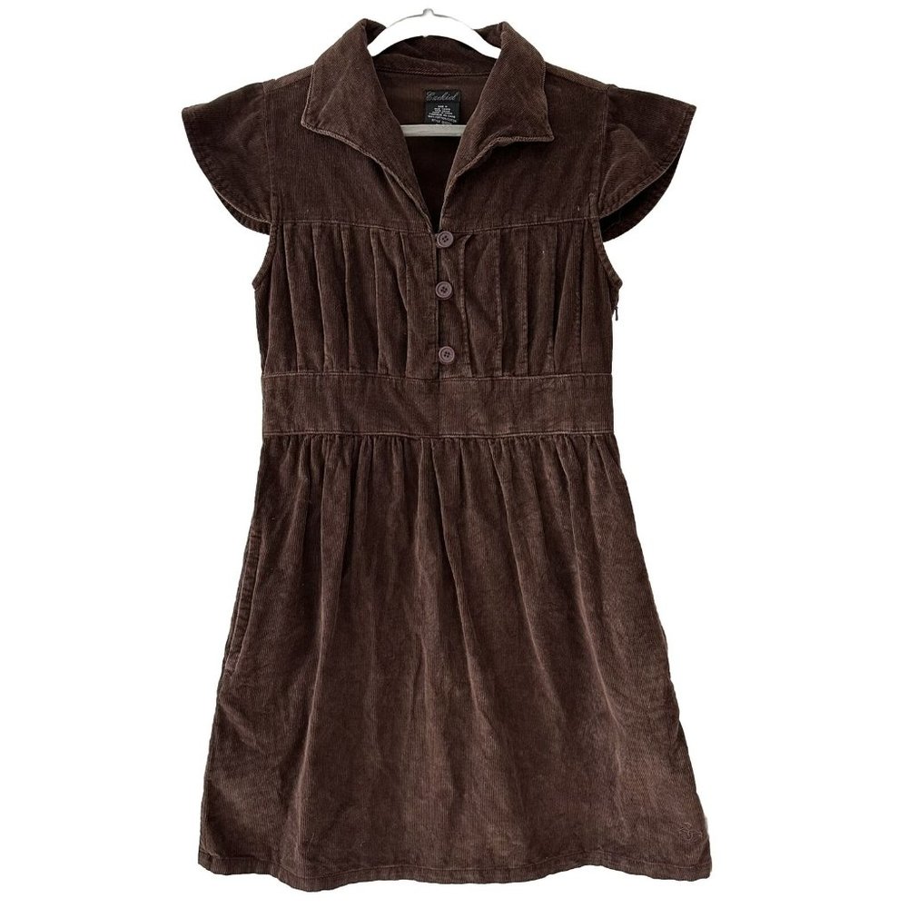 Ezekiel VTG Womens Corduroy Dress Sz M Brown Folding Button Cap Sleeve